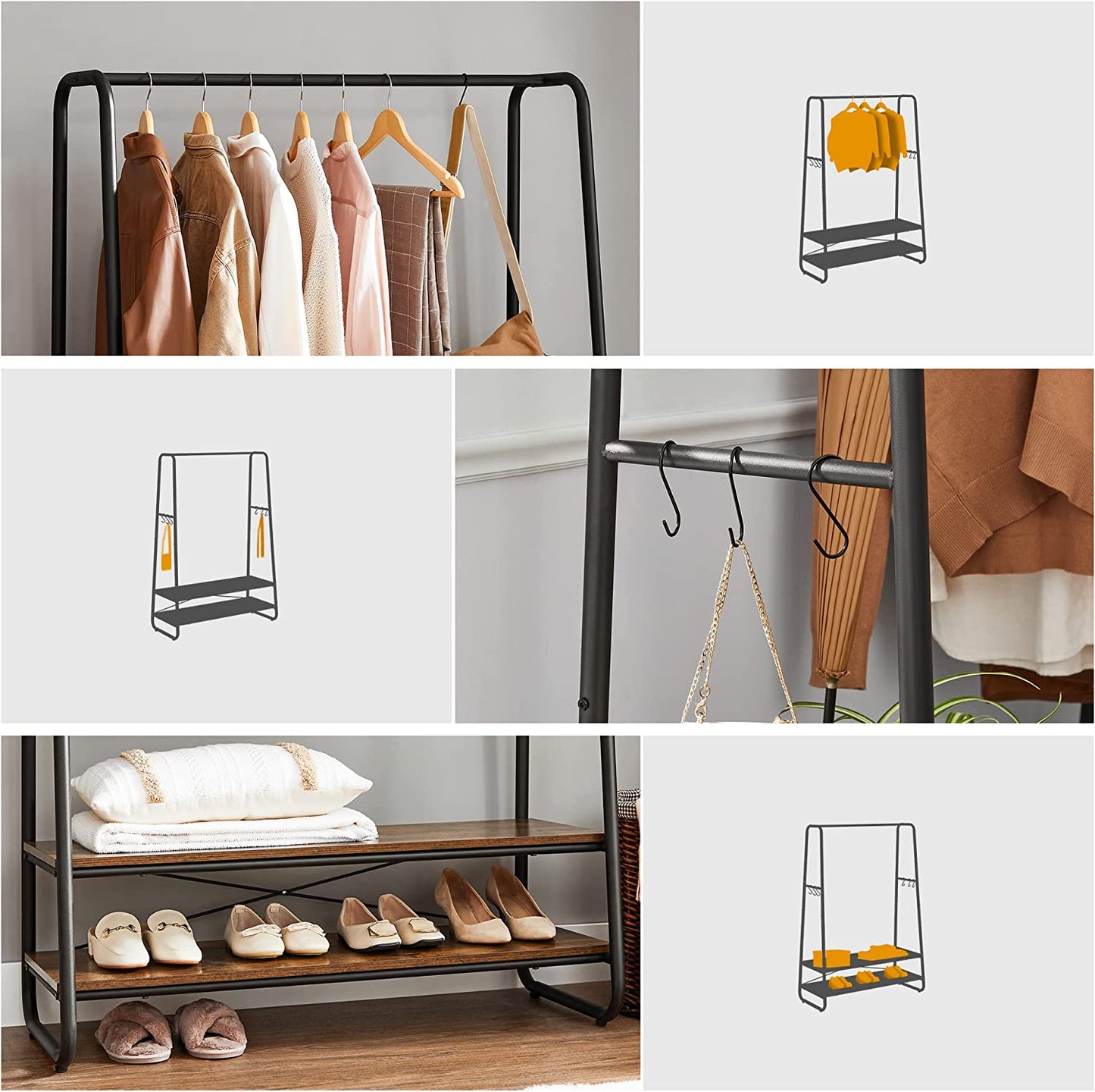 Clothes Rail, Heavy-Duty Clothes Rack with 2 Shelves, 6 S-Hooks, and Steel Frame for Bedroom, Industrial, Rustic Brown and Black