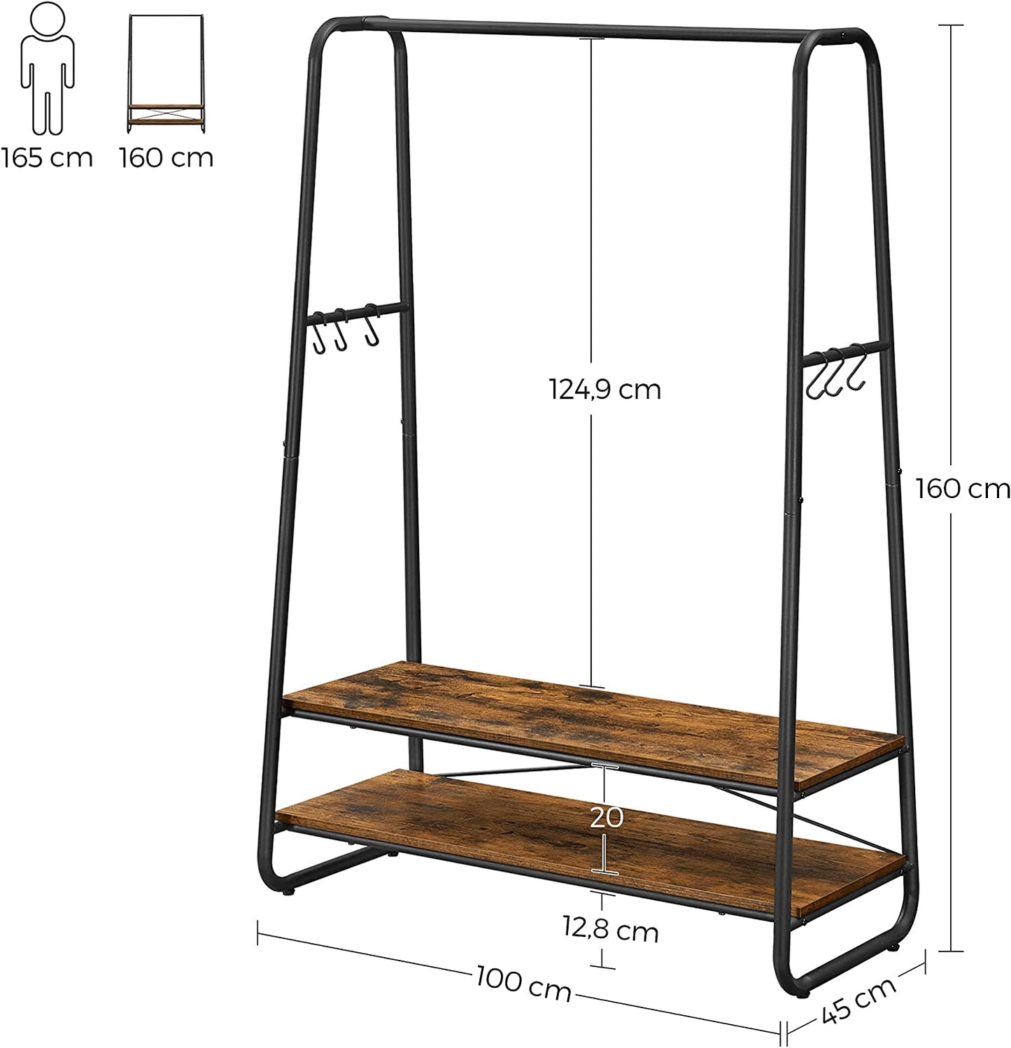 Clothes Rail, Heavy-Duty Clothes Rack with 2 Shelves, 6 S-Hooks, and Steel Frame for Bedroom, Industrial, Rustic Brown and Black