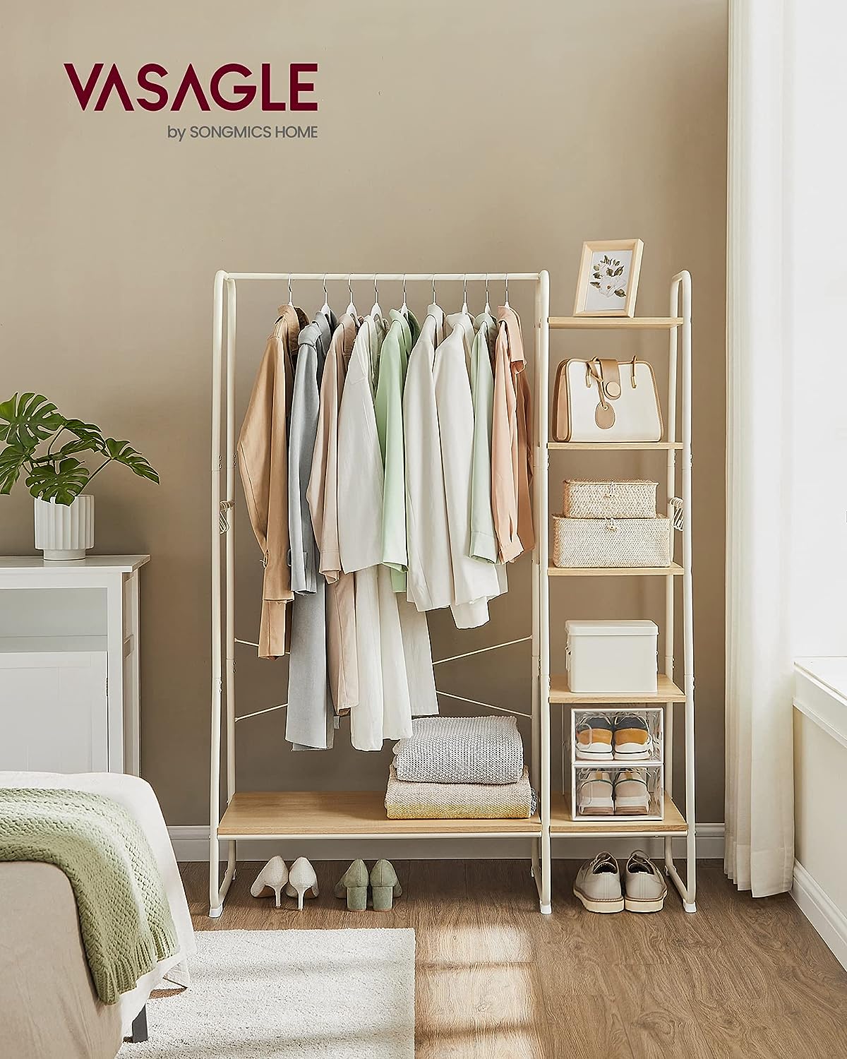 Clothes Rack, Coat Rack, 45 x 120 x 160 cm, Coat Rack with Clothes Rail, Shoe Rack, Open Wardrobe, 6 Removable Hooks, Bedroom, Hallway, Oak White