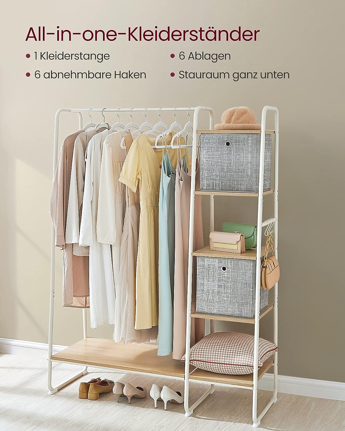 Clothes Rack, Coat Rack, 45 x 120 x 160 cm, Coat Rack with Clothes Rail, Shoe Rack, Open Wardrobe, 6 Removable Hooks, Bedroom, Hallway, Oak White