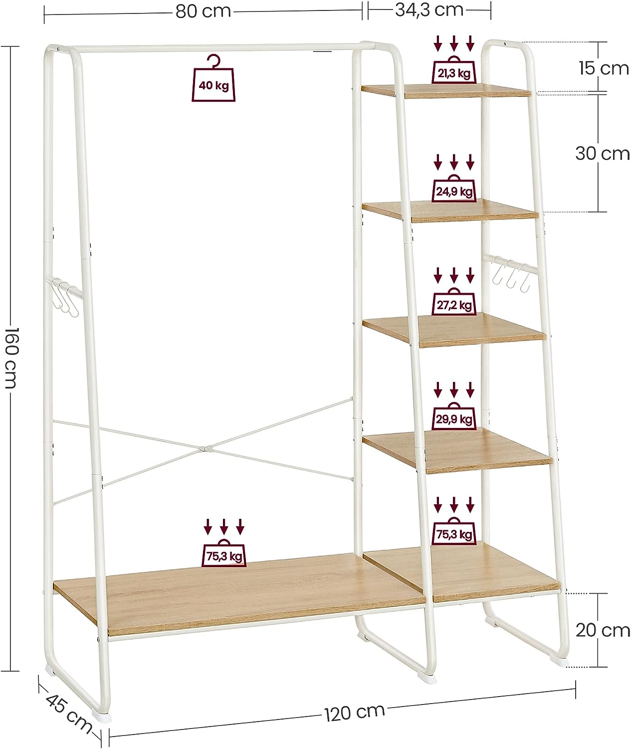 Clothes Rack, Coat Rack, 45 x 120 x 160 cm, Coat Rack with Clothes Rail, Shoe Rack, Open Wardrobe, 6 Removable Hooks, Bedroom, Hallway, Oak White