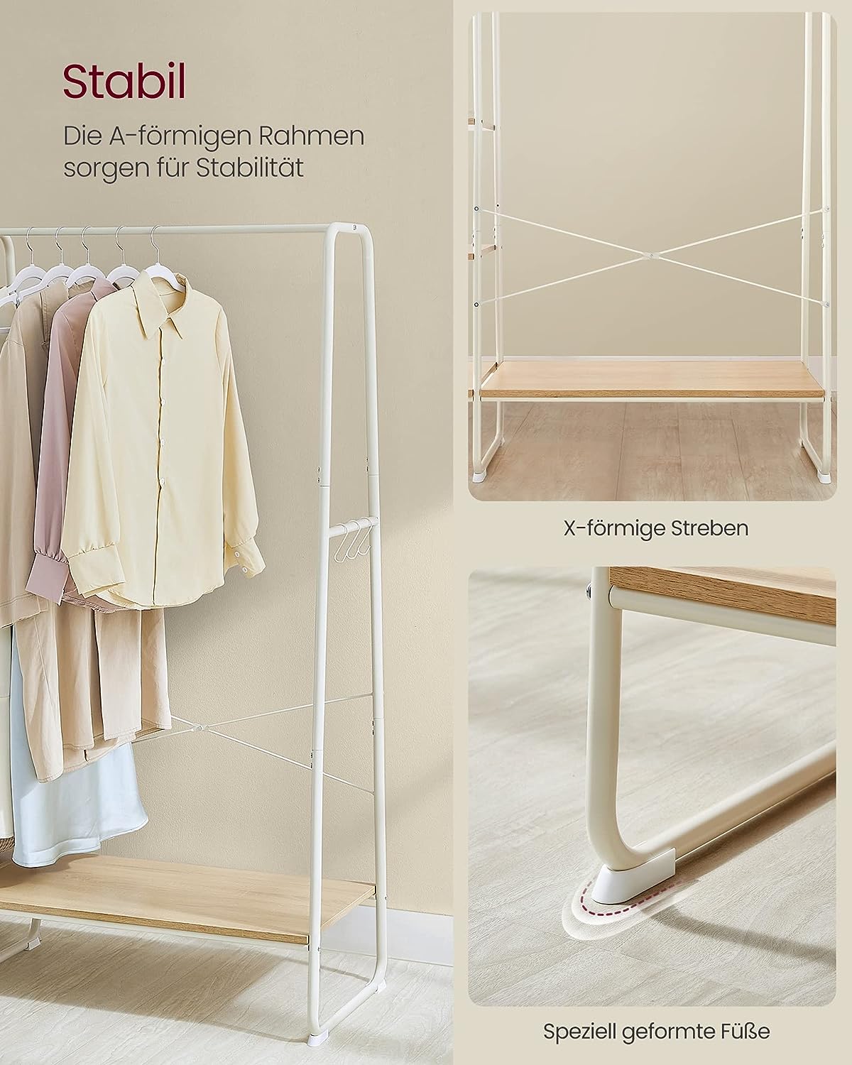 Clothes Rack, Coat Rack, 45 x 120 x 160 cm, Coat Rack with Clothes Rail, Shoe Rack, Open Wardrobe, 6 Removable Hooks, Bedroom, Hallway, Oak White