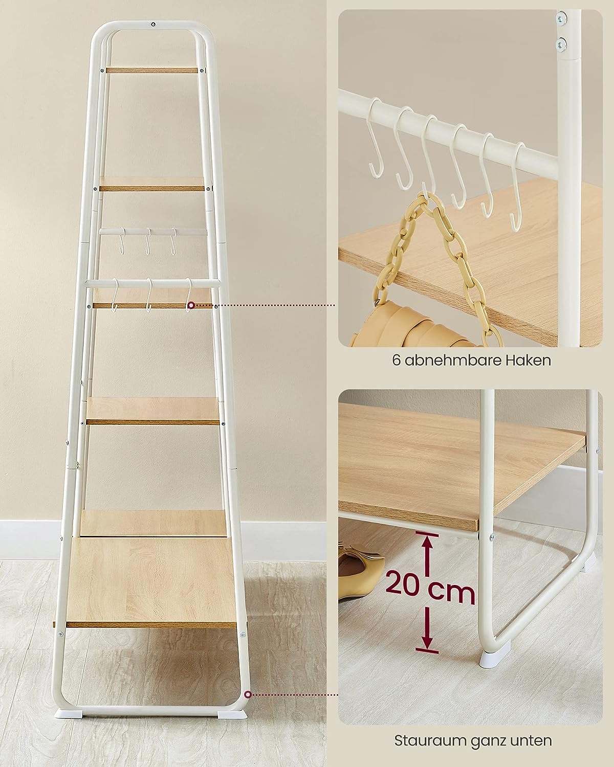 Clothes Rack, Coat Rack, 45 x 120 x 160 cm, Coat Rack with Clothes Rail, Shoe Rack, Open Wardrobe, 6 Removable Hooks, Bedroom, Hallway, Oak White