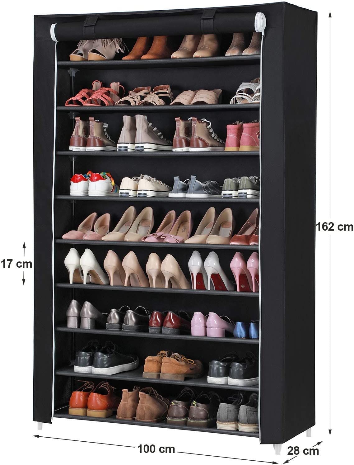 10-Tier Shoe Rack, Shoe Shelf for up to 54 Pairs of Shoes, Free Standing Storage Organiser, Cabinet, 100 x 28 x 162 cm, Black