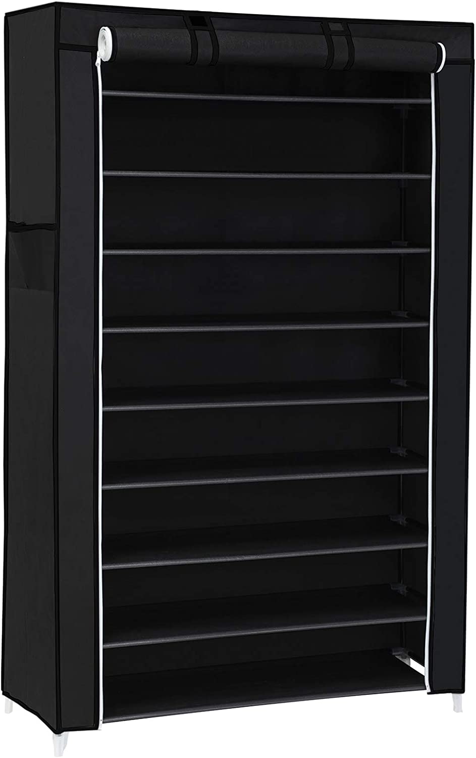 10-Tier Shoes Rack with Dustproof Cover, Shoe Storage Cabinet, Shoe Organizer Hold up to 40 Pairs of Shoes, in Living Room, Hallway, 88 x 28 x 160 cm, Black