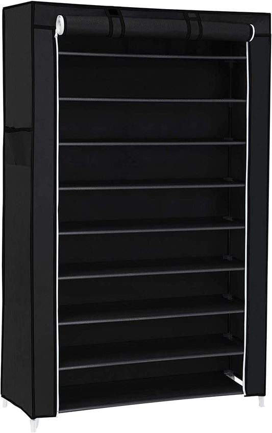 10-Tier Shoes Rack with Dustproof Cover, Shoe Storage Cabinet, Shoe Organizer Hold up to 40 Pairs of Shoes, in Living Room, Hallway, 88 x 28 x 160 cm, Black