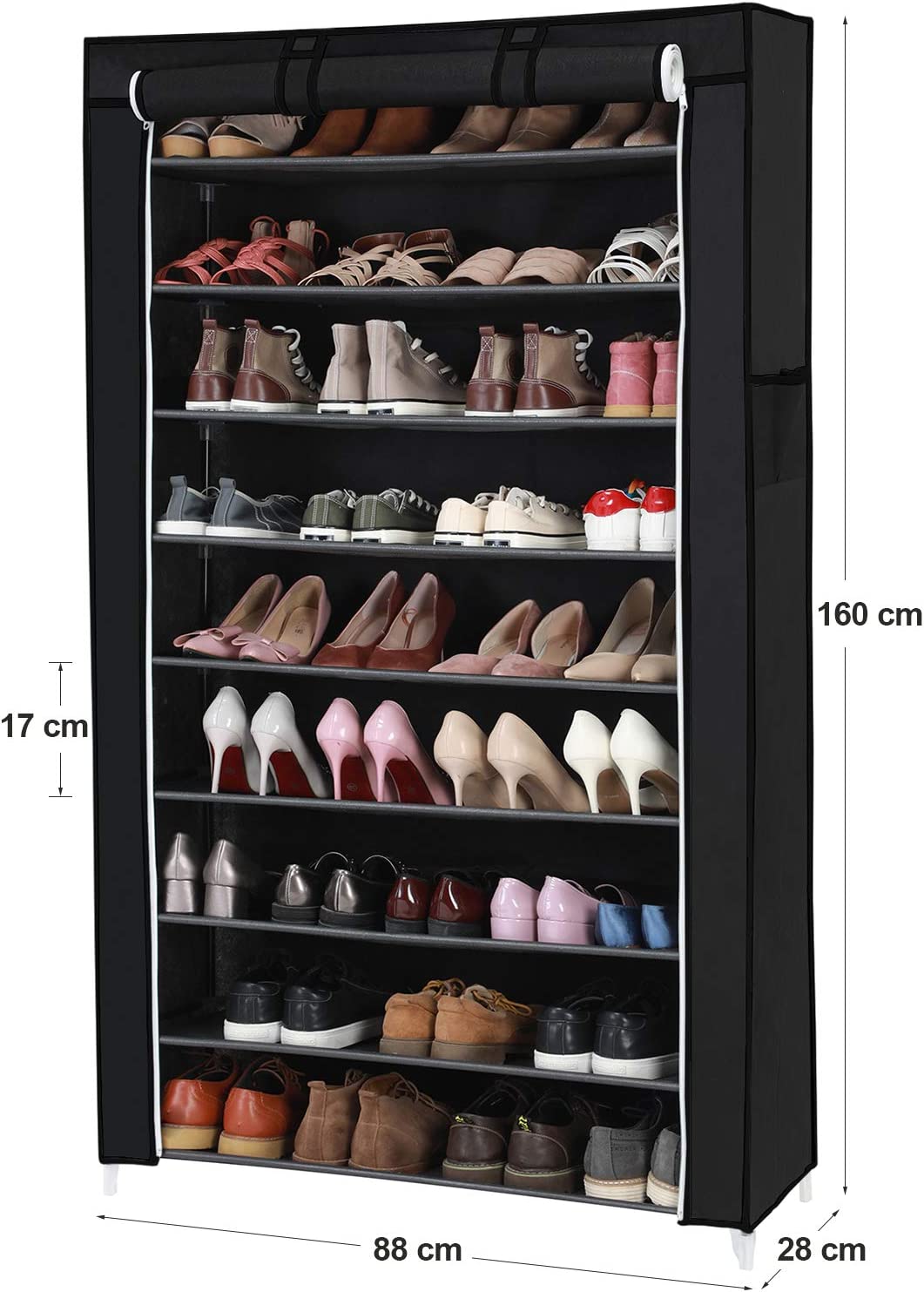 10-Tier Shoes Rack with Dustproof Cover, Shoe Storage Cabinet, Shoe Organizer Hold up to 40 Pairs of Shoes, in Living Room, Hallway, 88 x 28 x 160 cm, Black