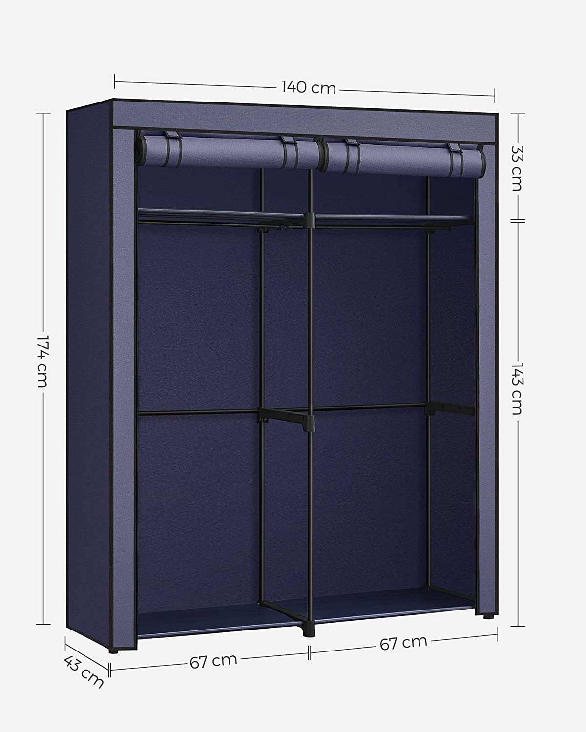 Bedroom Wardrobe, Wardrobe with 2 Clothes Rails, Clothes Rack, Fabric Cover, Coat Rack, Foldable, for Dressing Room, Bedroom, 43 x 140 x 174 cm, Dark Blue