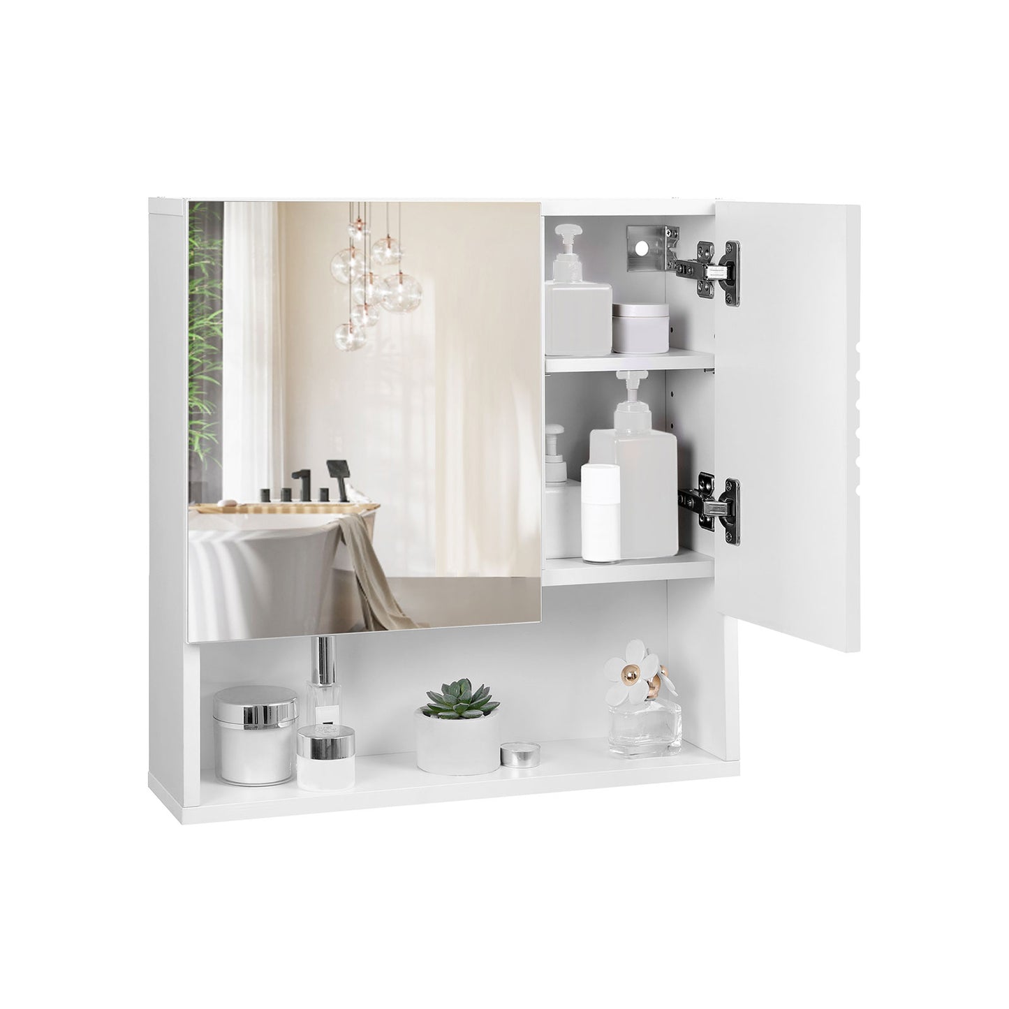 Mirrored Bathroom Cabinet, Storage Cupboard Wall Mounted, Wall Cabinet Storage, with Adjustable Shelves, Buffer Hinges, 54 x 15 x 55 cm, White