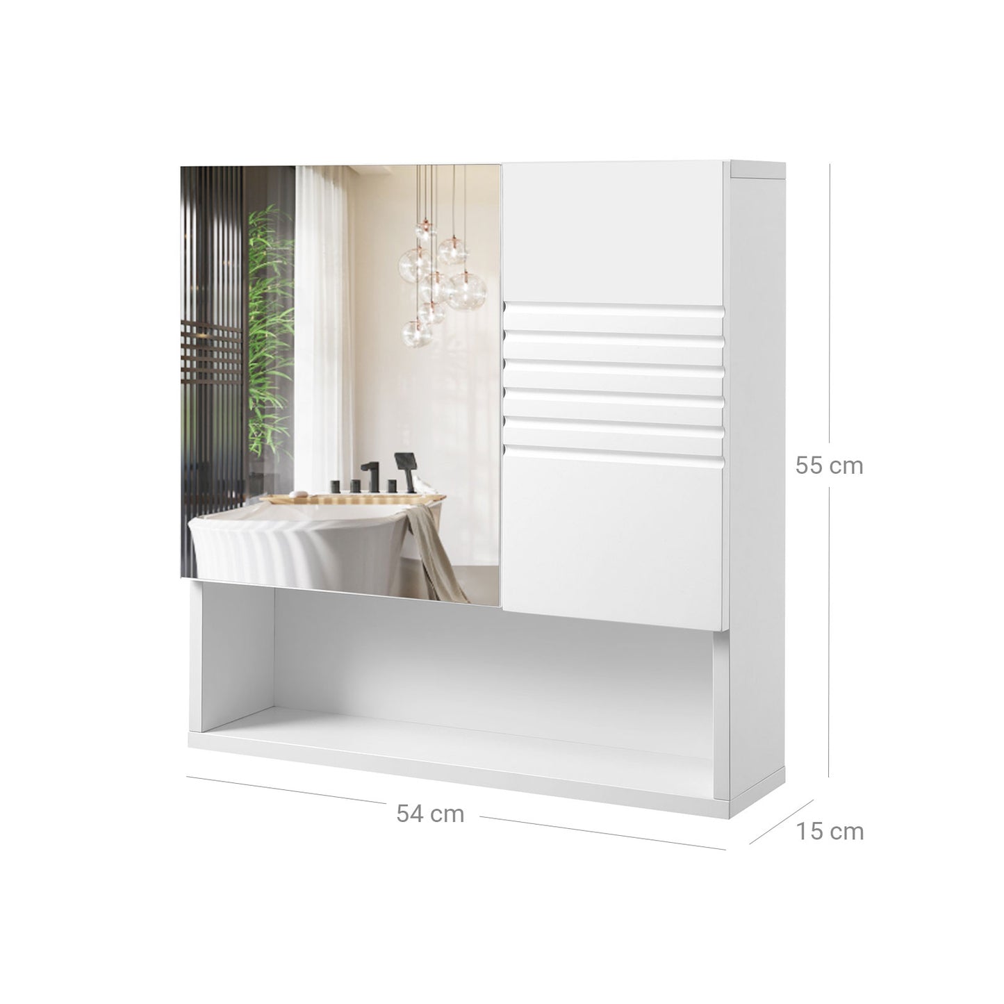 Mirrored Bathroom Cabinet, Storage Cupboard Wall Mounted, Wall Cabinet Storage, with Adjustable Shelves, Buffer Hinges, 54 x 15 x 55 cm, White